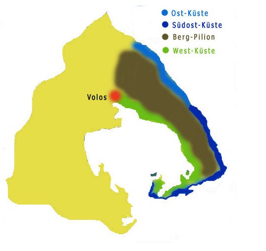 Karte der Halbinsel Pilion mit West-Küste am Pagasitikos Golf, Ost- und Südost-Küste an der Ägäis, Berg-Pilion und der Stadt Volos